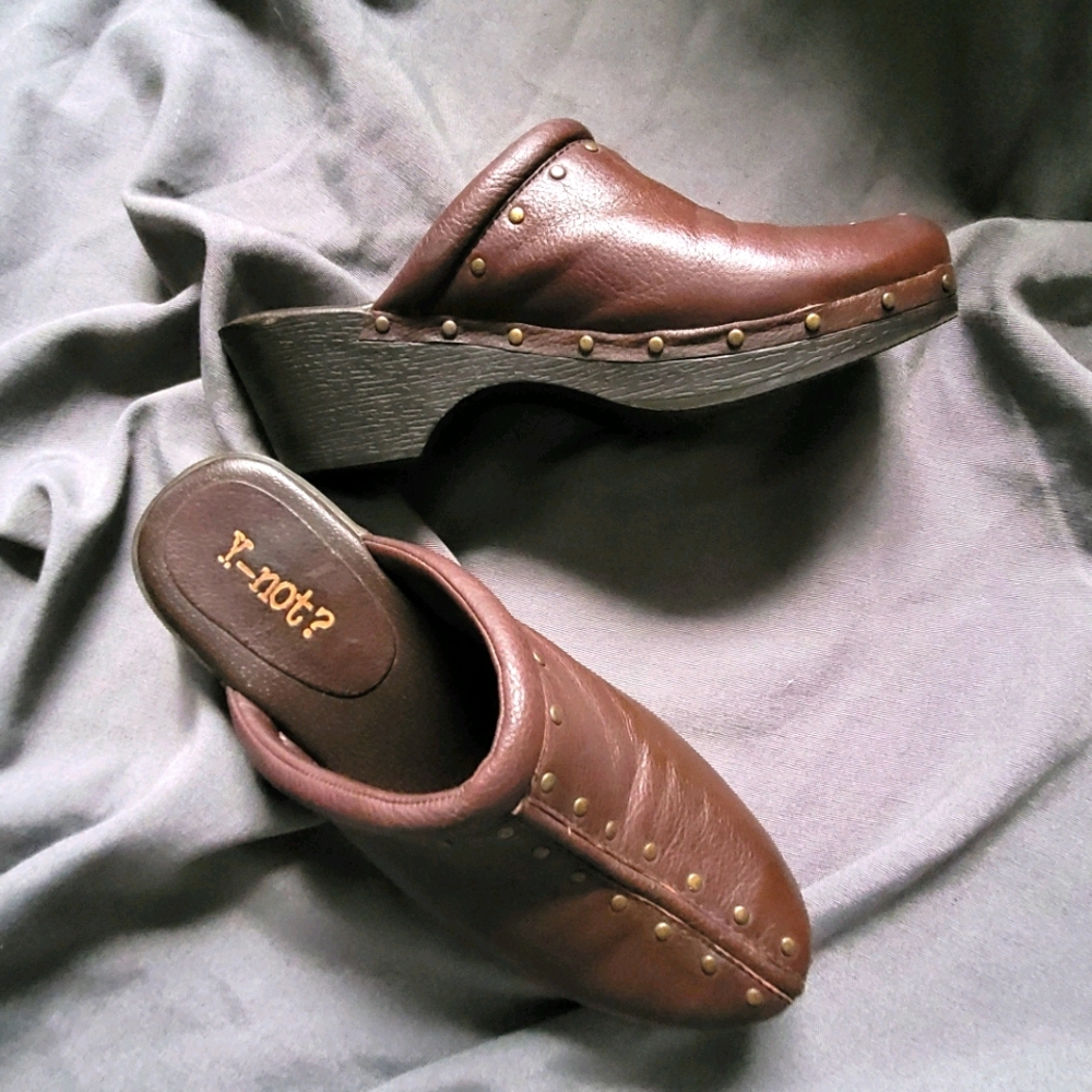 Y-not? | Brown Brass Stud Leather Mule Comfy Clog Slide 8M
